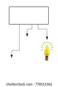 Concept idea. Right or wrong way to choose. Bright light bulb indicates right path.