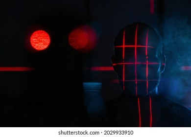 Concept Identify Illuminate Face Scan Red Laser. Biometric Futuristic Facial Recognition Scanning