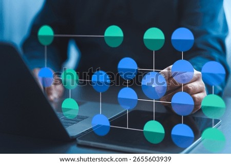 Concept illustration. data flow model. diagram. workflow. Businessman using data flow and workflow example with diagram showing on computer screen.