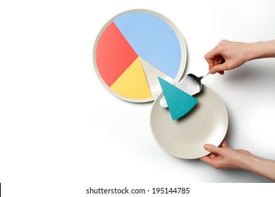 Concept illustration of a pie chart on a plate, one segment is served.