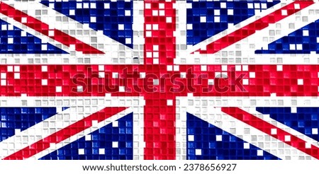 Concept illustration of Union Jack made of mosaic tiles with shadow pattern. Can be used as background or texture. double exposure hologram