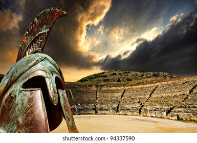 a concept image for ancient greece featuring the amphitheatre  at philippi and an overlaid replica war helmet