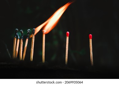 The concept image of burning matches igniting other matchsticks in a row against a black background. 