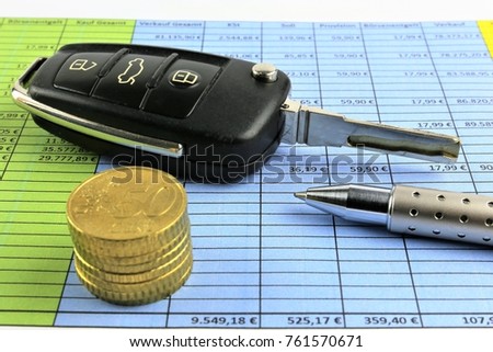 An concept Image of a carkey, Money, pen and a calculation