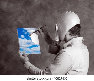 Concept Image Of A Dark World Man Wearing A Gas Mask, Painting A Bright Blue Sky Signifying A Utopia World