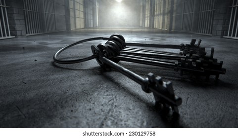 A Concept Image Of An Eerie Corridor In A Prison At Night Showing Jail Cells Dimly Illuminated By Various Ominous Lights And A Bunch Of Cell Keys Laying Ominously On The Floor