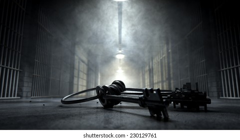 A concept image of an eerie corridor in a prison at night showing jail cells dimly illuminated by various ominous lights and a bunch of cell keys laying ominously on the floor