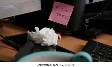 Concept Image Of A Flu Shot Reminder.  The Words Flu Shot Today Written On A Pink Sticky Note To Remind You On The  Important Appointment.