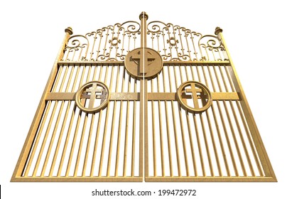 A concept image of the golden gates to heaven shut on an isolated white background