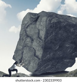 concept image of a human with indistinct face features pushing a huge rock up a steep mountain - Shutterstock ID 2302339903