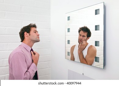 Concept image of a man getting ready in the morning with the mirror image of how he really feels.