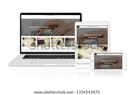 Concept image of multi device technology for responsive web design - laptop , digital tablet and smartphone in various orientation on a white background (sample web page).