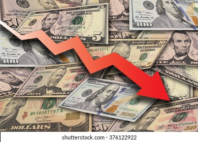Concept image with pile of dollar banknotes in different currency 5, 10, 50, 100 dollar currency of the United States useful as a background with big red arrow graph pointing down - Shutterstock ID 376122922
