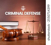  A concept image representing criminal law, featuring a gavel, scales of justice, and law books.