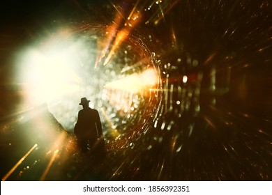 concept image of seeing the Light at the End of the Tunnel. sci fi or mystery