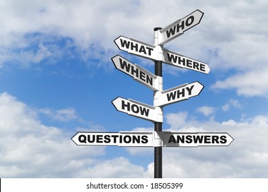 Concept Image Of The Six Most Common Questions And Answers On A Signpost.