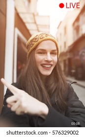 Concept Image Of Vertical Video Caption, A Beautiful Young Woman Live Streaming For Social Media