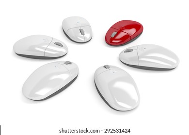 Concept image with wireless computer mouses, one red among other white mouses - Shutterstock ID 292531424