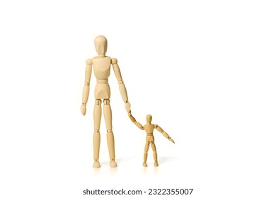 Concept image of a wooden mannequin adult holding hands with a child isolated on a white background with copy space
 - Powered by Shutterstock