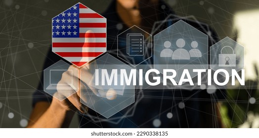 Concept of immigration to USA with virtual button pressing - Shutterstock ID 2290338135