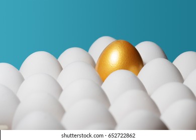 The concept of individuality, exclusivity, better choice. One golden egg among white eggs on blue background.