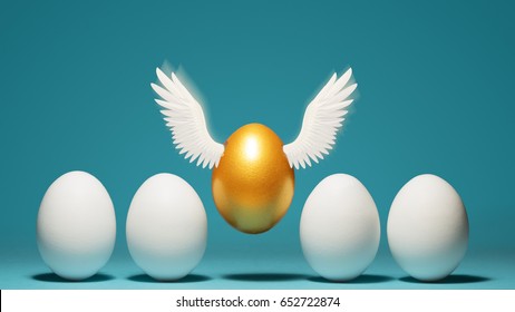 Concept Of Individuality, Exclusivity, Better Choice. Golden Egg Takes Off, Waving Its Wings, Among White Eggs On Blue Background.