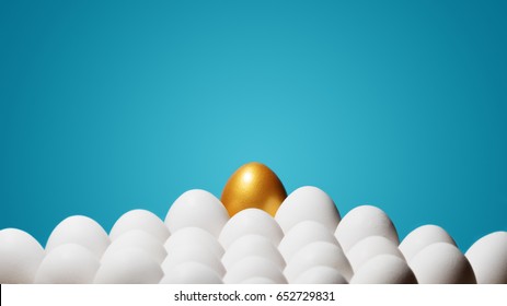 Concept Of Individuality, Exclusivity, Better Choice. One Golden Egg Among White Eggs On Blue Background.