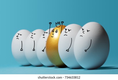 Concept of individuality, exclusivity, better choice and winning. A smiling golden egg with a crown among angry and sad white eggs on blue background. Eggs with funny drawn faces.