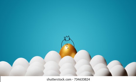 Concept of individuality, exclusivity, better choice, winning and ambition. A smiling golden egg with funny drawn face and with a crown among white eggs on blue background.