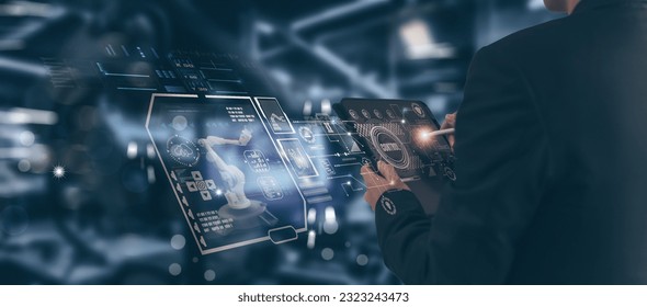 Concept Industry 4.0 engineer using smart tablet device monitoring system software in factory, control automated robot arm machine learning operation digital technology, Artificial intelligence or AI 