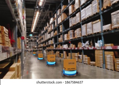 Concept Industry 4.0 Robotic Artificial Intelligence,Autonomous Robot Of Warehouse Logistic,smart Automated Delivery Vehicle In Modern Storehouse Shipping,with Robot Carrier Carrying Cardboard Box