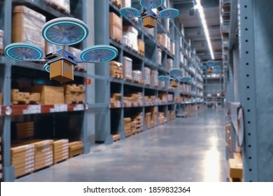 Concept Industry 4.0 Robotic Drone Artificial Intelligence,autonomous Robot Of Warehouse Logistic,smart Automated Delivery Vehicle,modern Storehouse Shipping,with Robot Carrier Carrying Cardboard Box