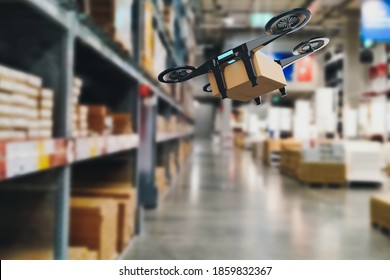 Concept Industry 4.0 Robotic Drone Artificial Intelligence,autonomous Robot Of Warehouse Logistic,smart Automated Delivery Vehicle,modern Storehouse Shipping,with Robot Carrier Carrying Cardboard Box