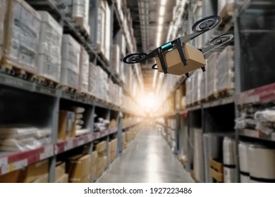 Concept Industry 4.0 Robotic Drone Artificial Intelligence,autonomous Robot Of Warehouse Logistic,smart Automated Delivery Vehicle,modern Storehouse Shipping,with Robot Carrier Carrying Cardboard Box