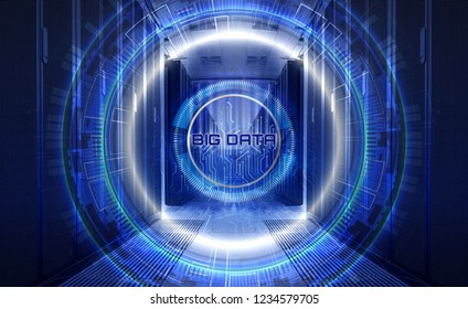 concept of information technology and big data. Techno background hologram with motherboard citcuit among the rows of supercomputers data center
