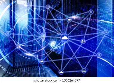 The concept of information technology, big data, security and hacking. The waves of binary code cover the data center disk storage. room with rows of server hardware in the data center