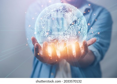 concept of innovation Businessmen show the world of modern holograms with comprehensive wireless business networking technology AI. - Shutterstock ID 2033570132