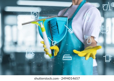 The concept of an innovative virtual platform where a cleaner demonstrates cleaning services.