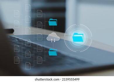 Concept of integrated document management system [DMS] automation or online database, document storage icon screen on blurry laptop background, enterprise resource management system [ERP].