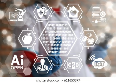Concept integration digital and binary technologies to medicine, health care. Doctor touched 0 1 button on virtual medical screen on background of IT icons IOT, BIG DATA, AI, Robot, Computing, Cloud.