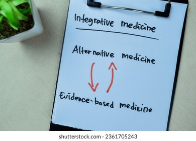 Concept of Integrative Medicine write on paperwork with keywords isolated on Wooden Table.