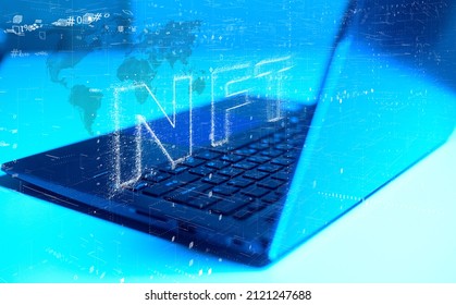 The concept of interaction between man and technology in the modern world. Internet trading on the stock exchange and NFT art objects