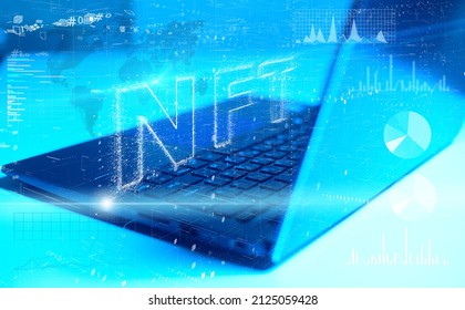 The concept of interaction between man and technology in the modern world. Internet trading on the stock exchange and NFT art objects