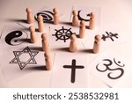 Concept of interfaith dialogue promotes understanding and spirituality by bringing together symbols, beliefs from diverse religions Hinduism, Islam, Judaism, Buddhism, faith and religious harmony.