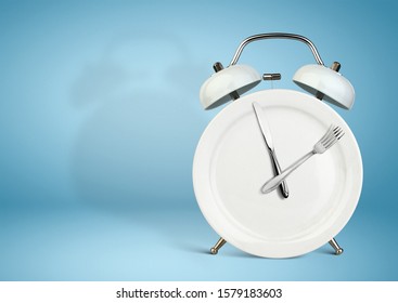 Concept Of Intermittent Fasting, Diet And Weight Loss. Plate As Alarm Clock