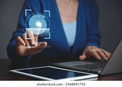 Concept of internet security, data protection. Network cybersecurity, User access to the device via fingerprint scanning screen.