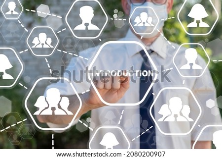 Concept of introduction. Introducing new employee. Businessman using virtual touchscreen touch a introduction inscription.