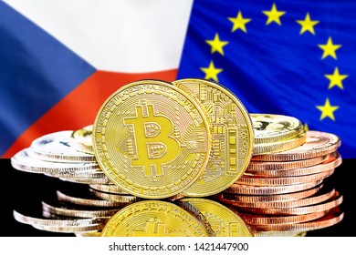Concept for investors in cryptocurrency and Blockchain technology in the Czech Republic and European Union. Bitcoins on the background of the flag Czech Republic and European Union. - Shutterstock ID 1421447900