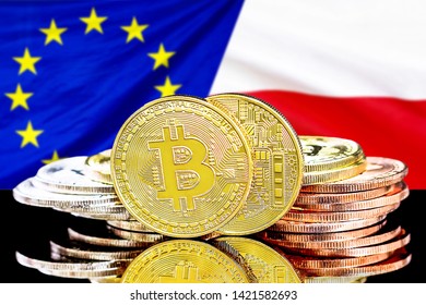 Concept for investors in cryptocurrency and Blockchain technology in the European Union and Poland. Bitcoins on the background of the flag European Union and Poland. - Shutterstock ID 1421582693