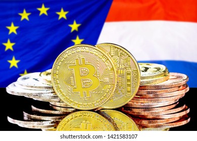 Concept for investors in cryptocurrency and Blockchain technology in the European Union and Netherlands. Bitcoins on the background of the flag European Union and Dutch. - Shutterstock ID 1421583107